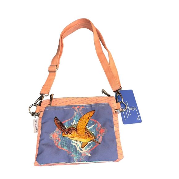 Guy Harvey Blue Sea Turtle Crossbody Bag - Cotton Canvas Shoulder Bag With Interior Pocket